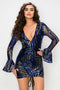 Bell Long Sleeve V-Neck Sequin Mini Dress - Blue